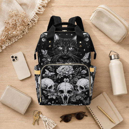 Goth Diaper Bag Backpack, Black Cat Baby Travel Bag, Skull Stroller Organizer