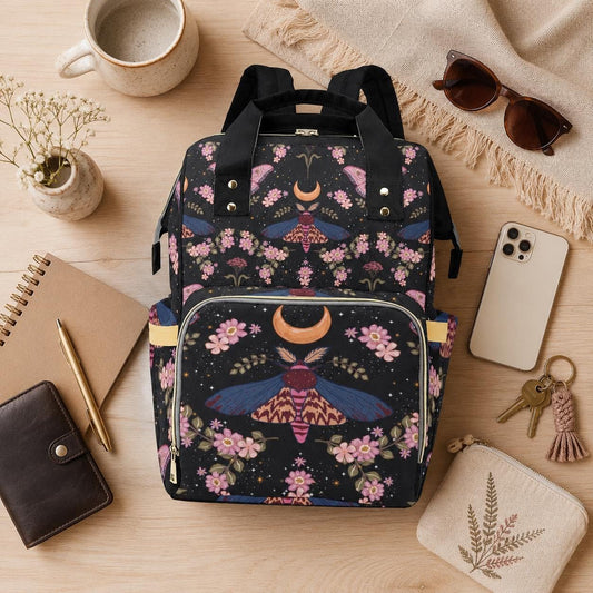 Moon Moth Diaper Backpack, Celestial Baby Bag, Boho Nursery Organizer