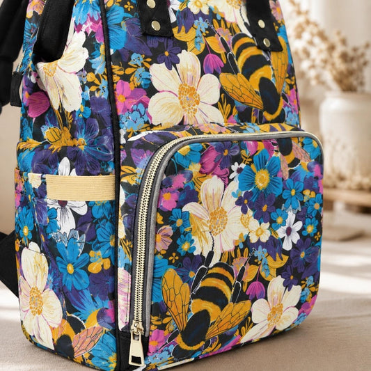 Bee Floral Diaper Bag Backpack, Bumblebee Mom Pack, Cottagecore Baby Bag