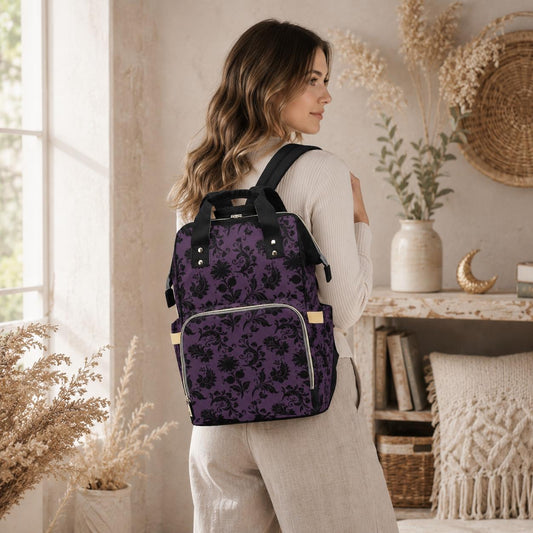 Gothic Diaper Bag Backpack, Purple Damask Baby Bag, Nursery Organizer