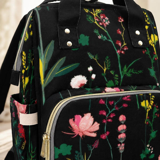 Floral Diaper Bag Backpack, Black Baby Travel Bag, Mom Backpack, Nursery Organizer