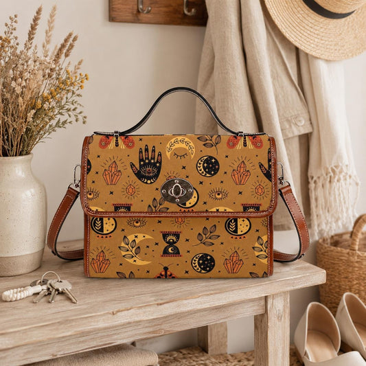 Mystic symbols purse, boho witchy bag with palm hand print, celestial crossbody bag