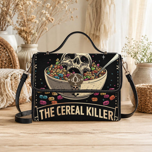 Dark humor shoulder bag, cereal killer canvas satchel, alt goth streetwear purse