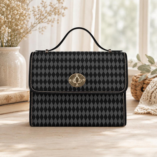 Black harlequin top handle bag, diamond print satchel purse, gothic vintage style handbag, dark alt fashion accessory