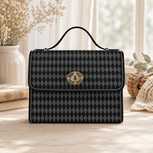 Black harlequin top handle bag, diamond print satchel purse, gothic vintage style handbag