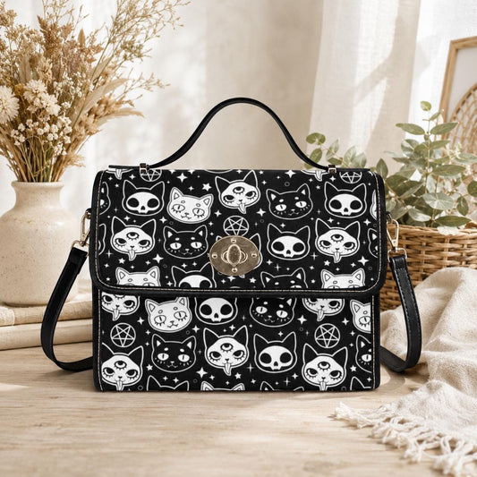Goth Cat Handbag, Witchy Top Handle Purse, Occult Black White Satchel for Women
