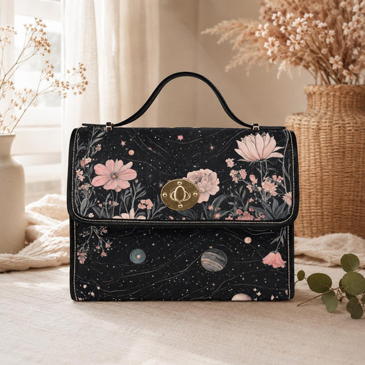 Floral Cosmos Satchel, Celestial Botanical Purse, Astrology Galaxy Bag