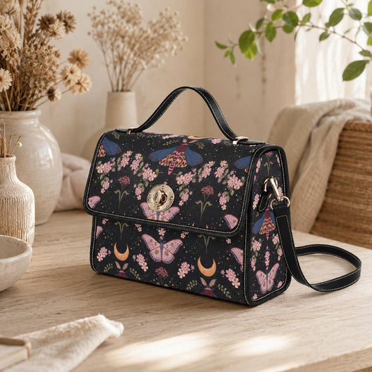 Moon Moth Top Handle Bag, Celestial Floral Satchel, Dark Romantic Handbag