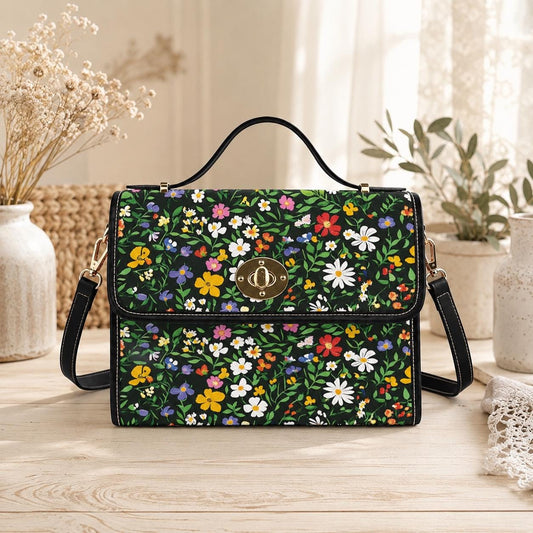 Black Floral Canvas Crossbody Bag, Wildflower Meadow Print Handbag