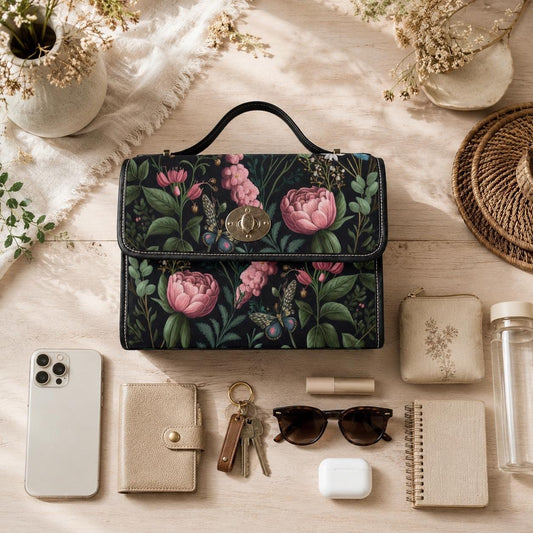 Dark Floral Top Handle Bag, Butterfly Botanical Purse, Romantic Goth Evening Handbag