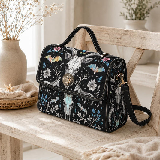 Witchy Crossbody Bag, Deer Skull Purse, Dark Floral Satchel for Cottage Goth Style