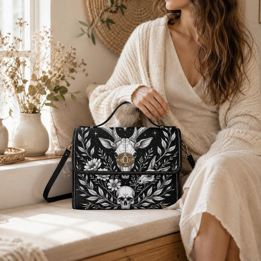 Celestial Skull Satchel Bag, Gothic Deer Floral Top Handle Purse