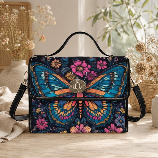 Psychedelic Butterfly Canvas Shoulder Bag, Floral Crossbody Satchel, Boho Hippie Purse