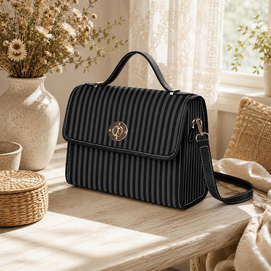 Black Stripe Satchel Bag, Minimalist Top Handle Purse, Tailored Monochrome Handbag, Sleek Office Statement Bag, Structured Everyday Purse