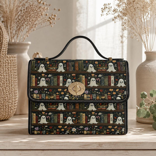 Ghost library satchel, spooky book print crossbody bag, witchy academia purse, haunted books tote