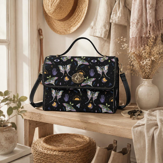 Celestial Moth Handbag, Witchy Top Handle Purse, Butterfly Moon Dark Academia Bag
