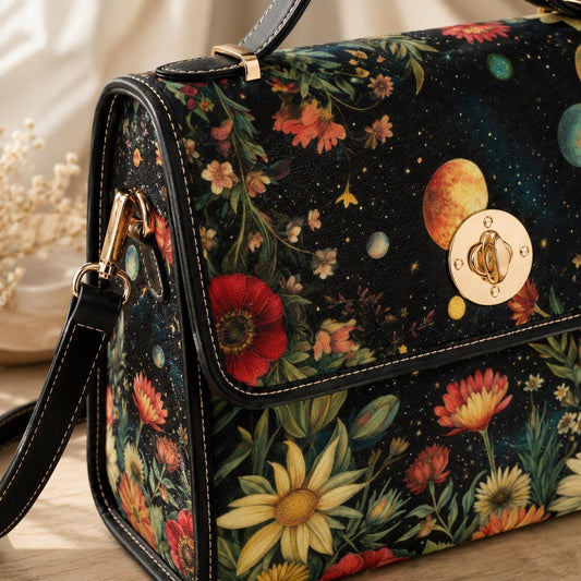 Celestial Floral Handbag, Planet Print Top Handle Purse, Boho Astrology Statement Bag