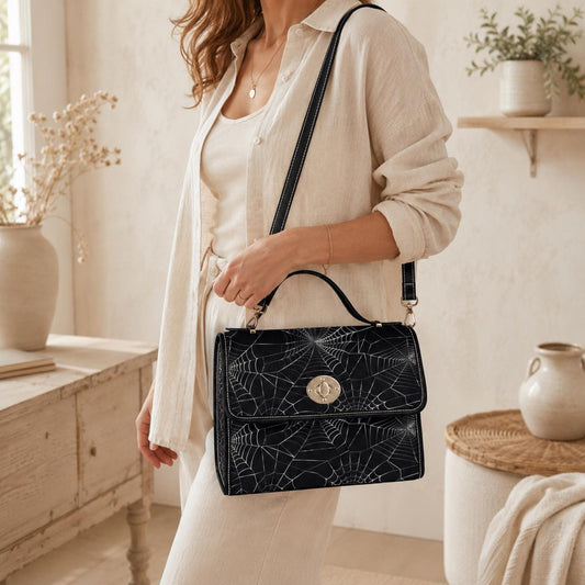 Spiderweb Canvas Satchel Vegan Leather Goth Crossbody Bag Halloween Spooky Bat Purse