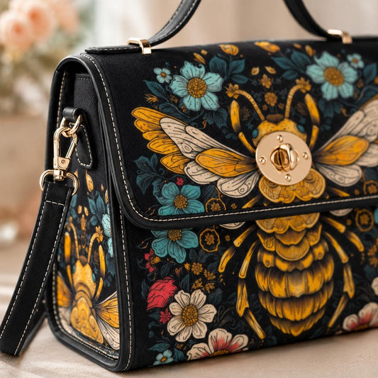 Bee floral handbag, top handle purse, dark botanical bag, cottagecore statement accessory