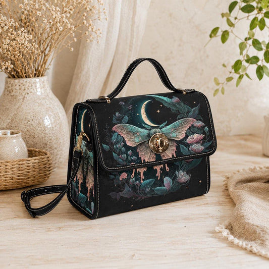 Moon moth handbag, dark floral top handle purse, celestial evening bag