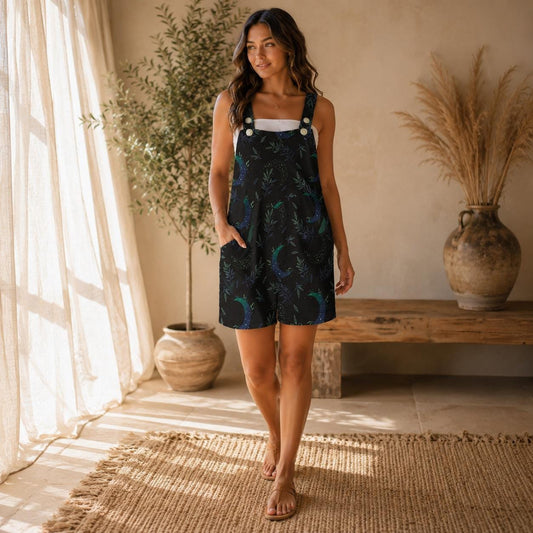 Black Celestial Moon Print Romper Shorts, Botanical Witchy Summer Outfit