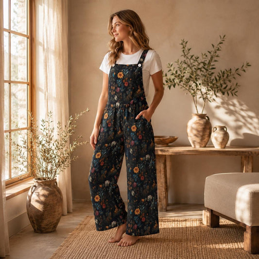 Dark Floral Wide Leg Jumpsuit, Cottagecore Garden Overalls with Pockets