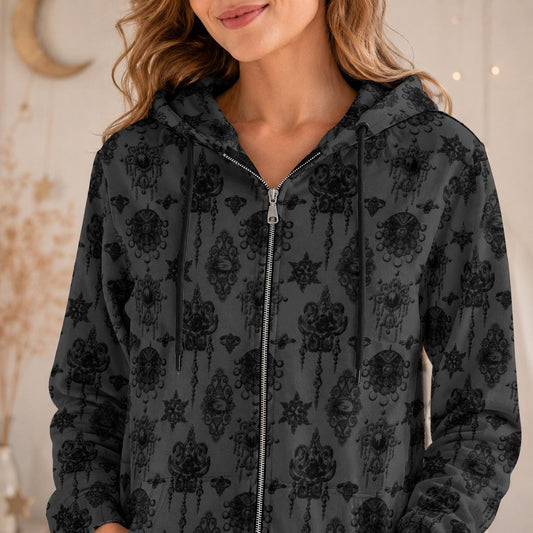 Gothic Hooded Cardigan, Long Zip Hoodie Jacket, Black Damask Dark Academia Duster