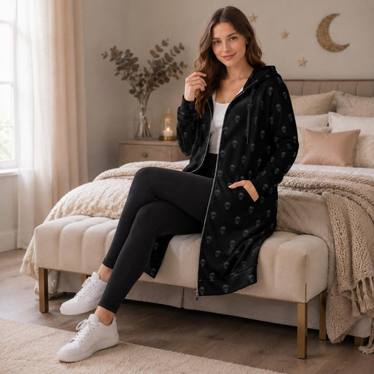 Black Skull Hooded Cardigan, Long Zip Hoodie, Gothic Duster Jacket