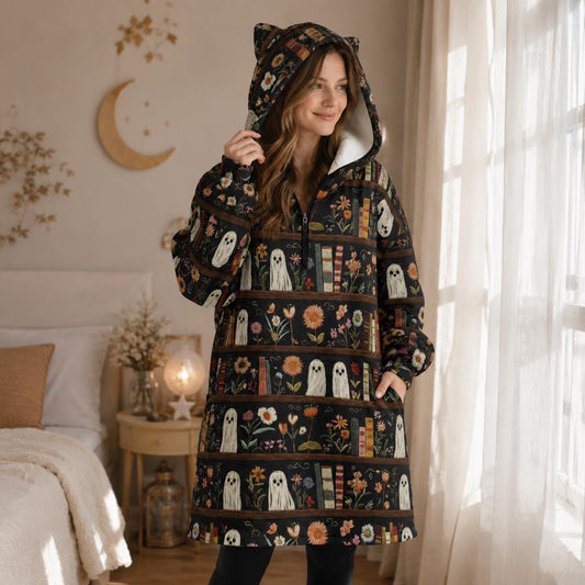 Ghost Bookshelf Hooded Blanket, Spooky Floral Cozy Reading Hoodie
