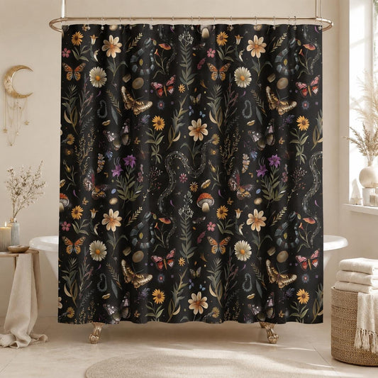 Snake Butterfly Shower Curtain, Dark Woodland Floral Bath Decor