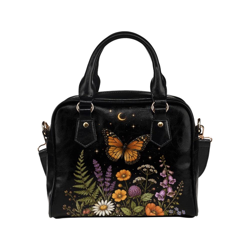 Butterfly Purse Black, Monarch Wildflower Handbag with Moon and Stars, Dark Floral Crossbody Bag