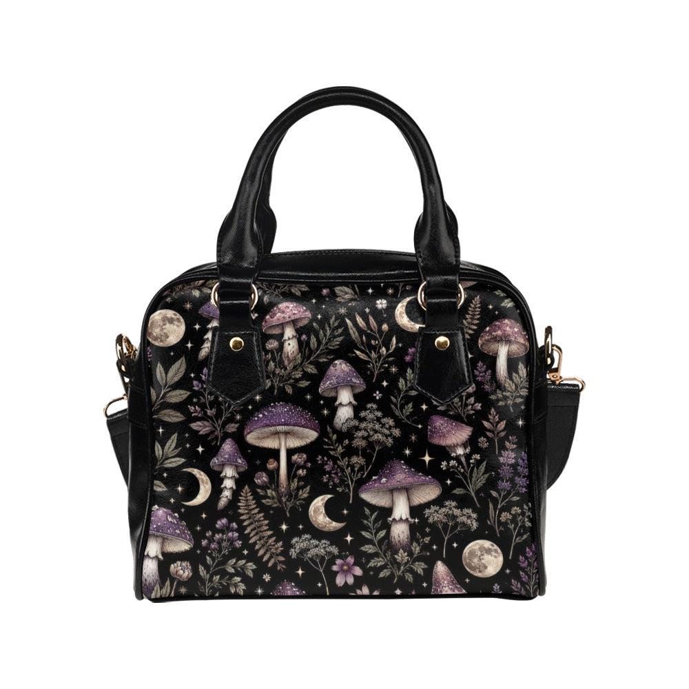 Mushroom Moon Forest Print Handbag, Black Fairycore Crossbody Satchel