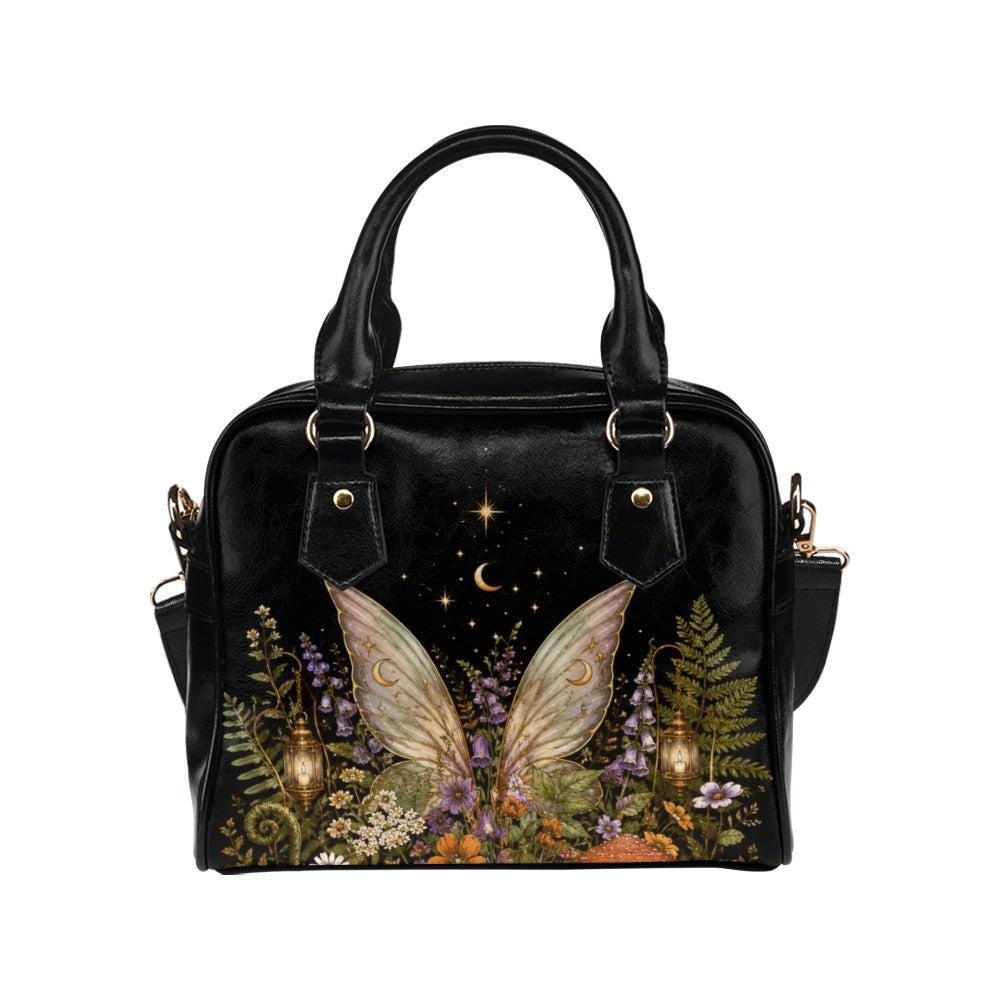 Fairycore Crossbody Bag, Moon Fairy Wings, Fern Garden Print Handbag, Vegan Leather Shoulder Purse
