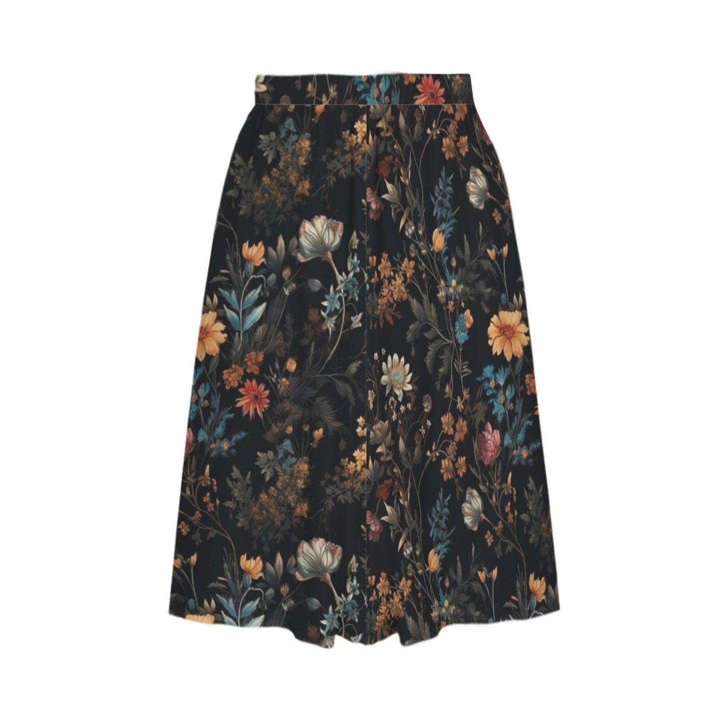 Dark Floral Midi Skirt, Moody Botanical Print, Whimsigoth A Line Flowy Skirt