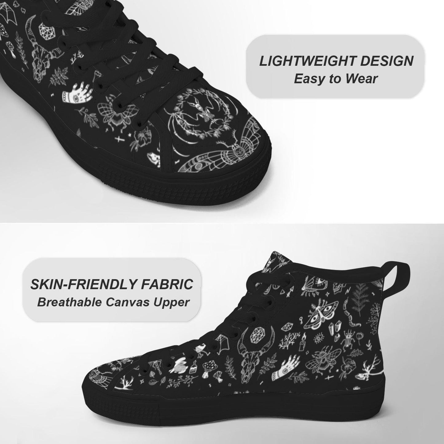 Witchy High Top Sneakers, Black Canvas Shoes with Skull Moth Mushroom Print