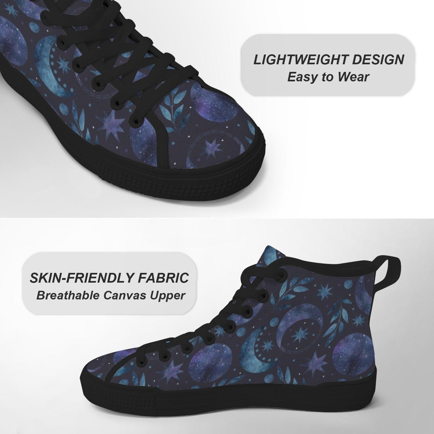 Celestial High Top Sneakers, Watercolor Moon Star Galaxy Print Canvas Shoes