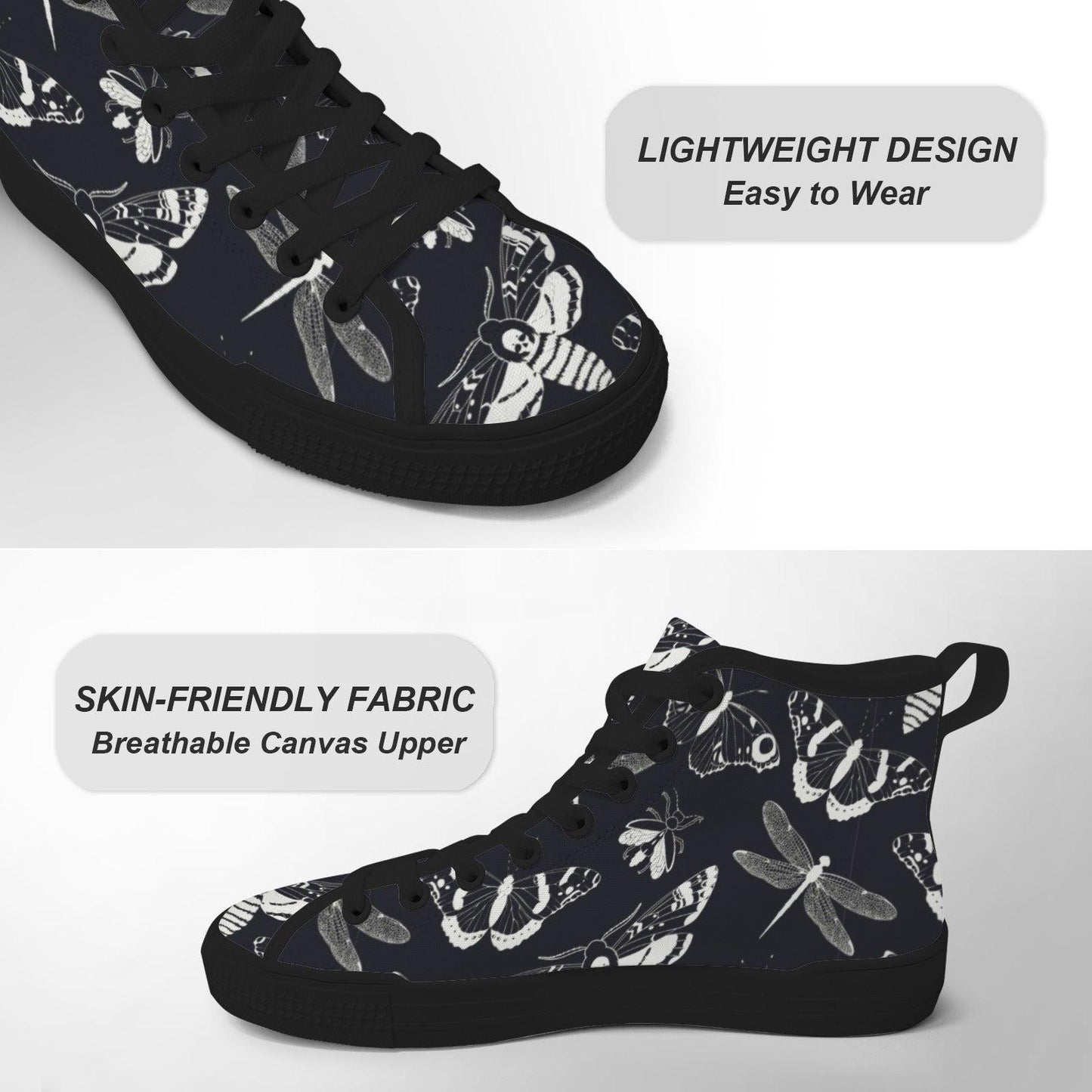 Moth Dragonfly Print High Top Sneakers, Navy Blue Canvas Shoes, Dark Academia Style