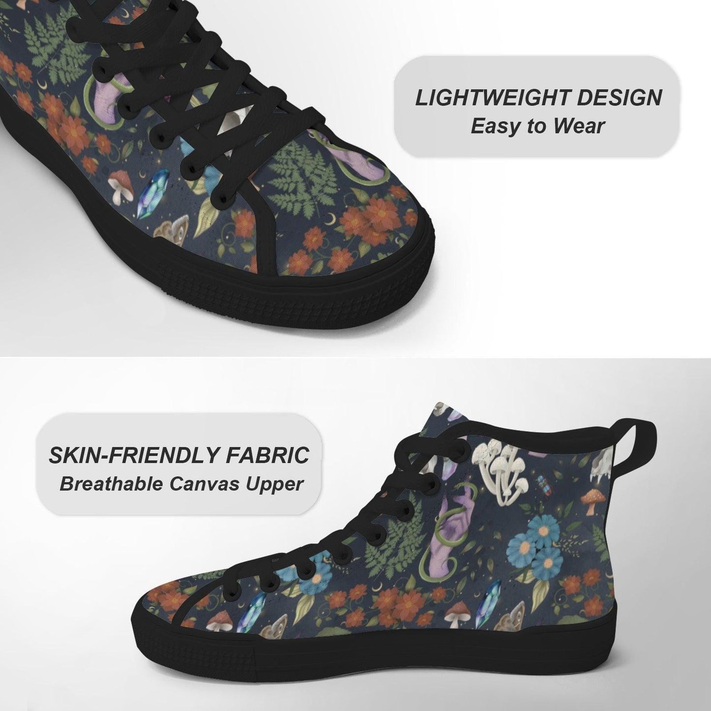 Mushroom Floral High Top Sneakers, Forest Witch Canvas Shoes, Cottagecore Festival Footwear