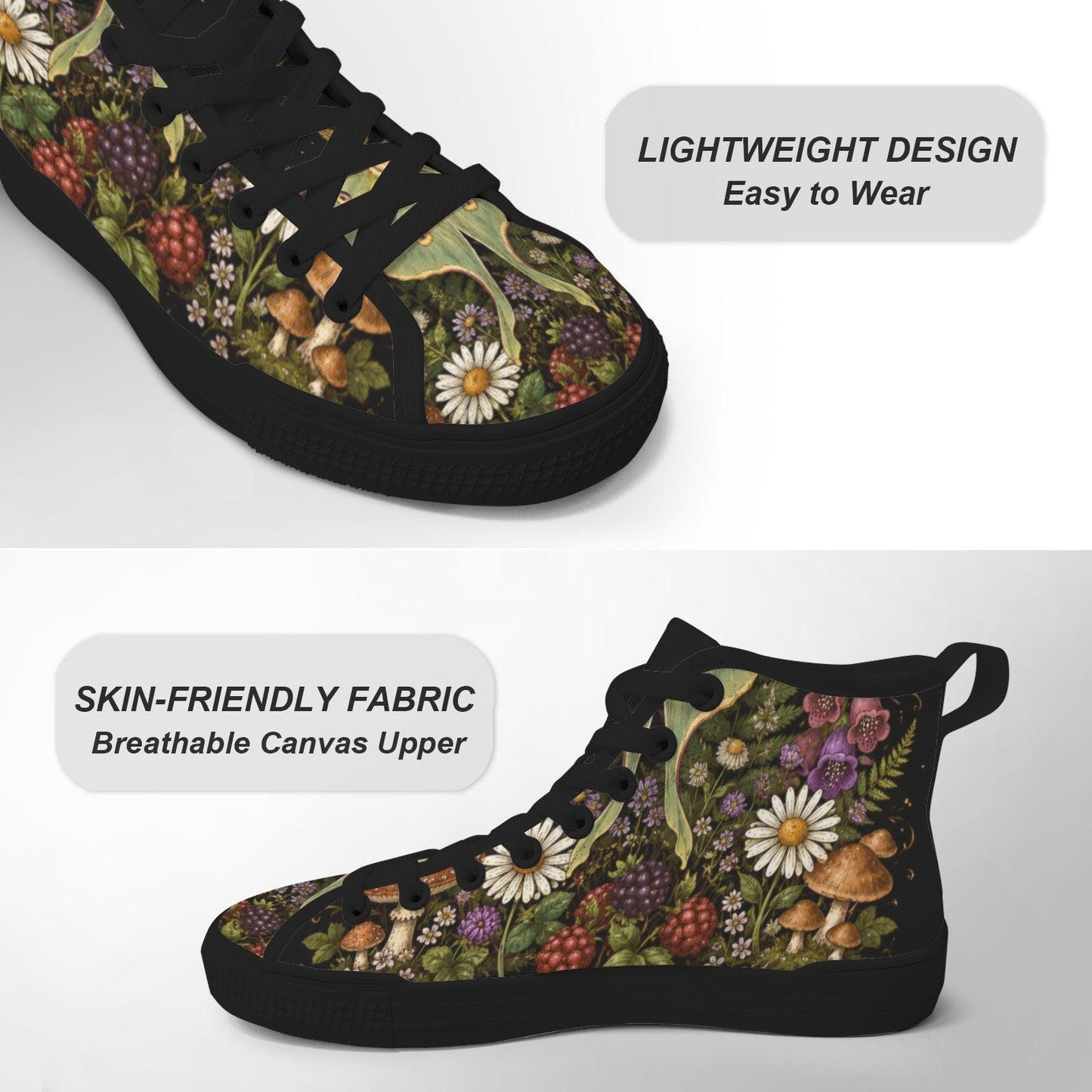 Mushroom Floral High Tops, Woodland Cottagecore Canvas Sneakers, Dark Fairycore Streetwear