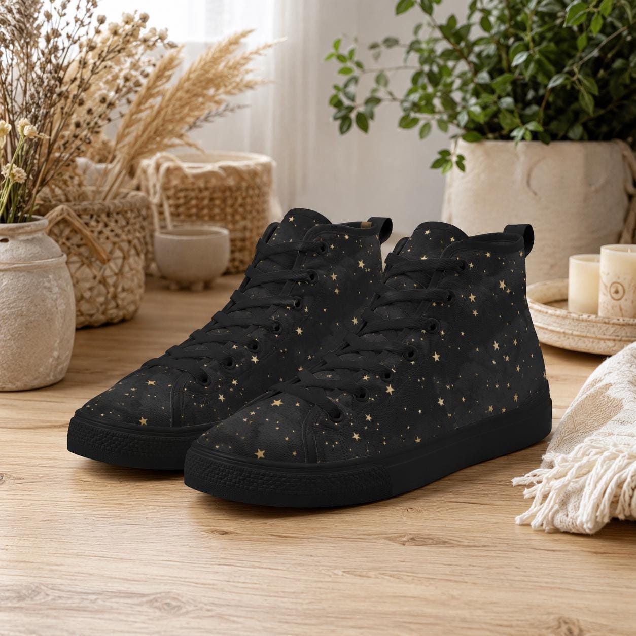 Black Gold Star High Top Sneakers, Celestial Print Lace Up Shoes