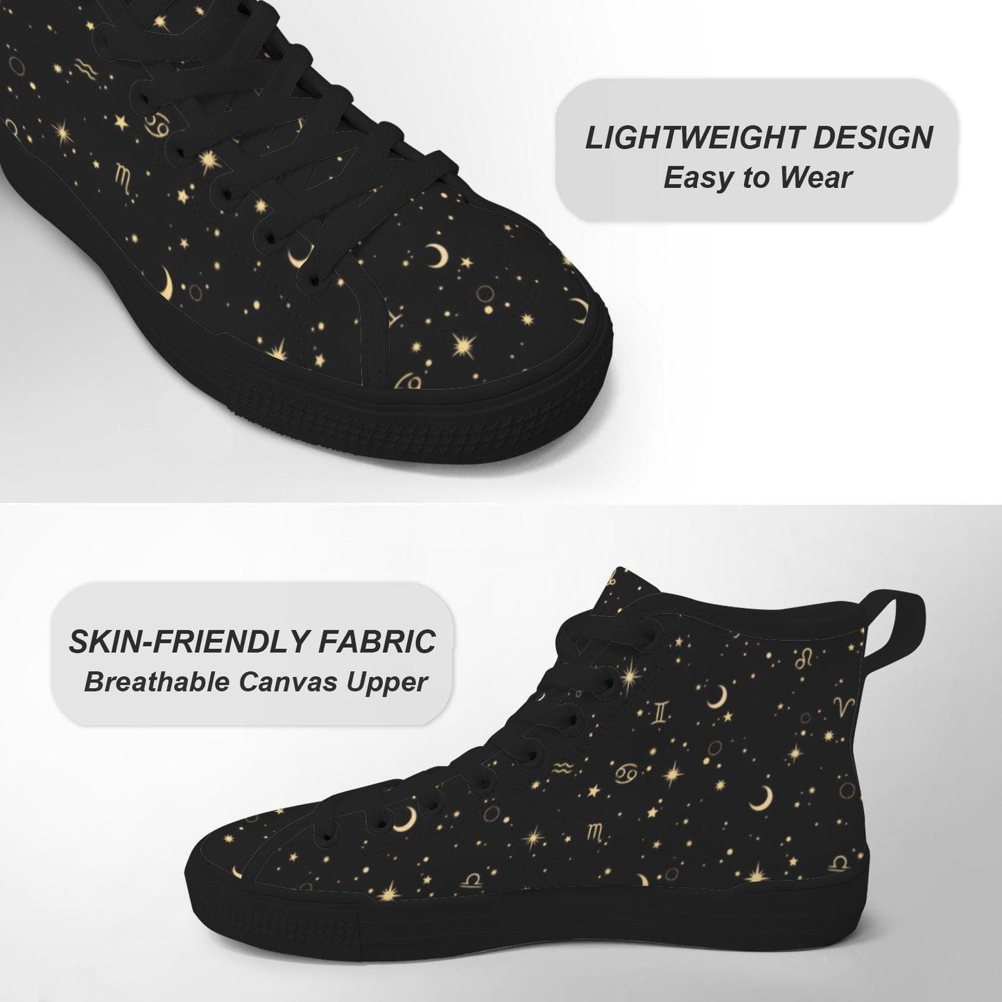 Celestial High Top Sneakers, Black Moon Star Zodiac Print Canvas Shoes