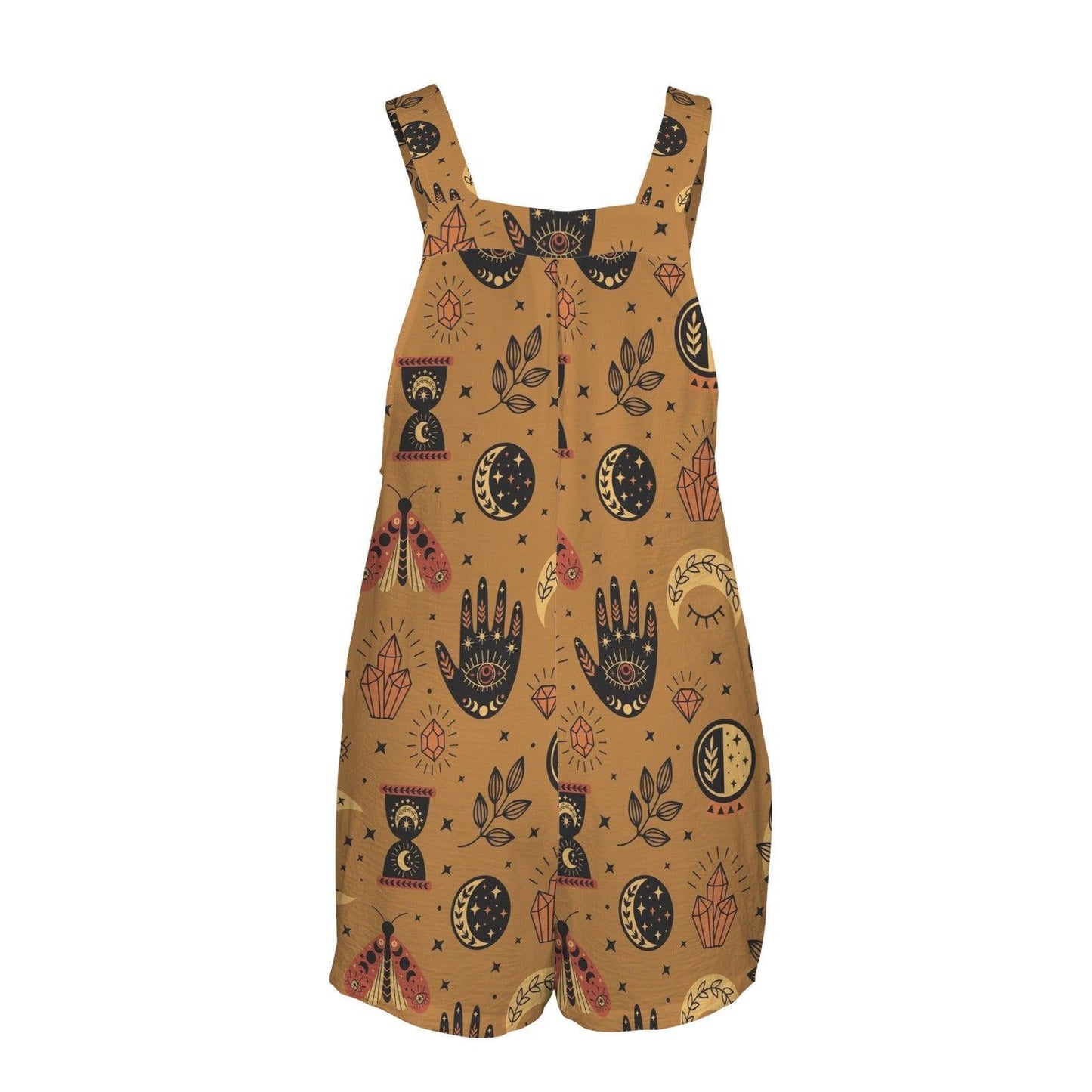 Tan Celestial Overall Romper, Moth Crystal Print Short Jumpsuit with Pockets