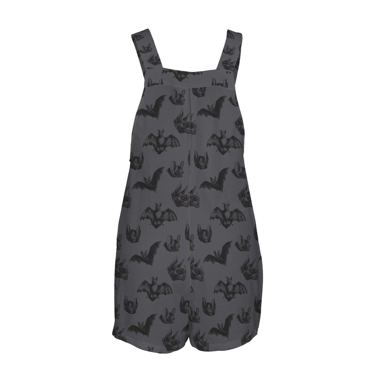 Gothic Bat Print Romper, Witchy Shortalls with Pockets, Dark Gray Summer Outfit