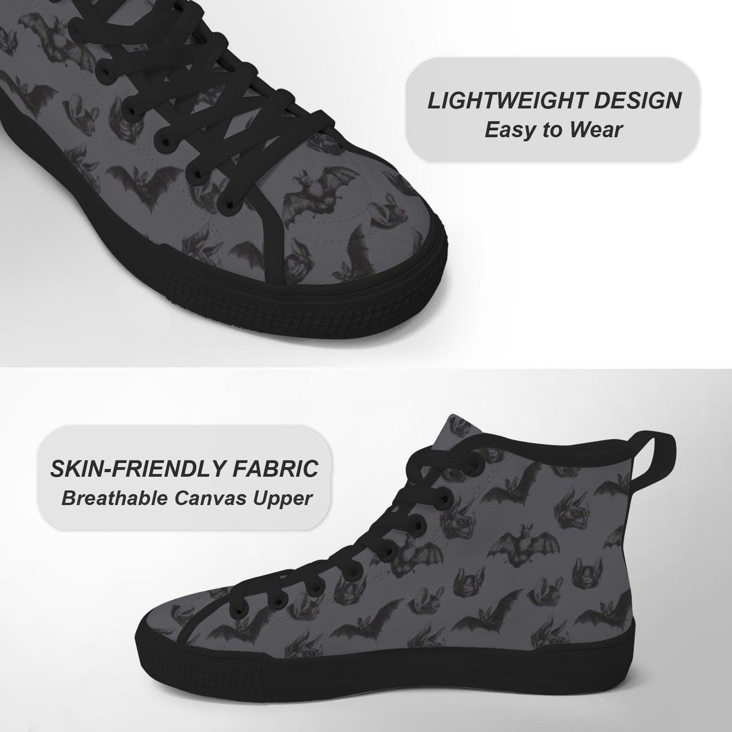Gothic High Top Sneakers, Charcoal Dark Botanical Print Canvas Trainers