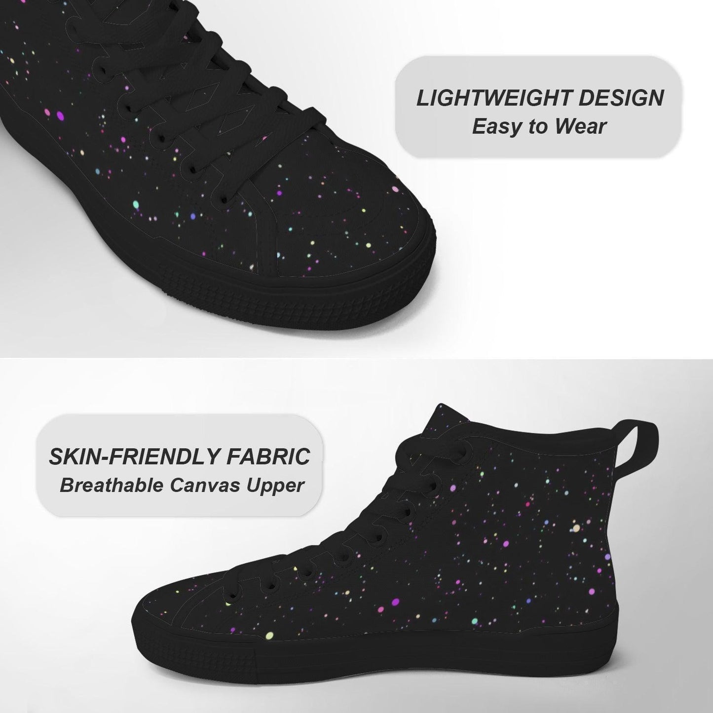 Black Galaxy High Top Canvas Sneakers, Celestial Paint Splatter Street Shoes