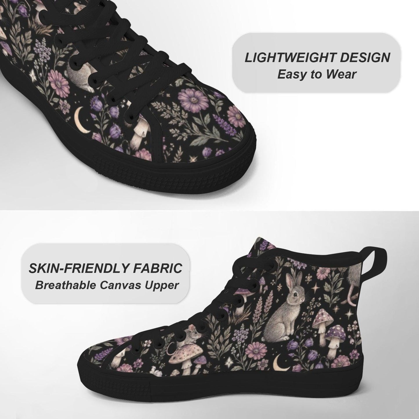Rabbit Mushroom High Top Canvas Sneakers, Woodland Floral Fairycore Lace Up Shoes