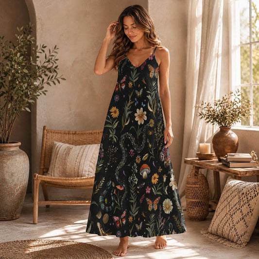 Mystical Snake Butterfly Floral Mushroom Maxi Dress, Fairycore Cottagecore Gown, Dark Nature Festival Wear