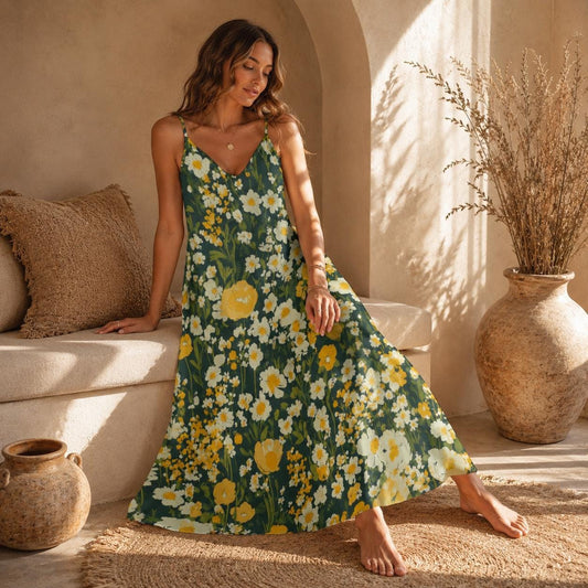 Yellow Daisy Floral Maxi Dress, Cottagecore Garden Sundress, Soft Girl Spring Summer Outfit