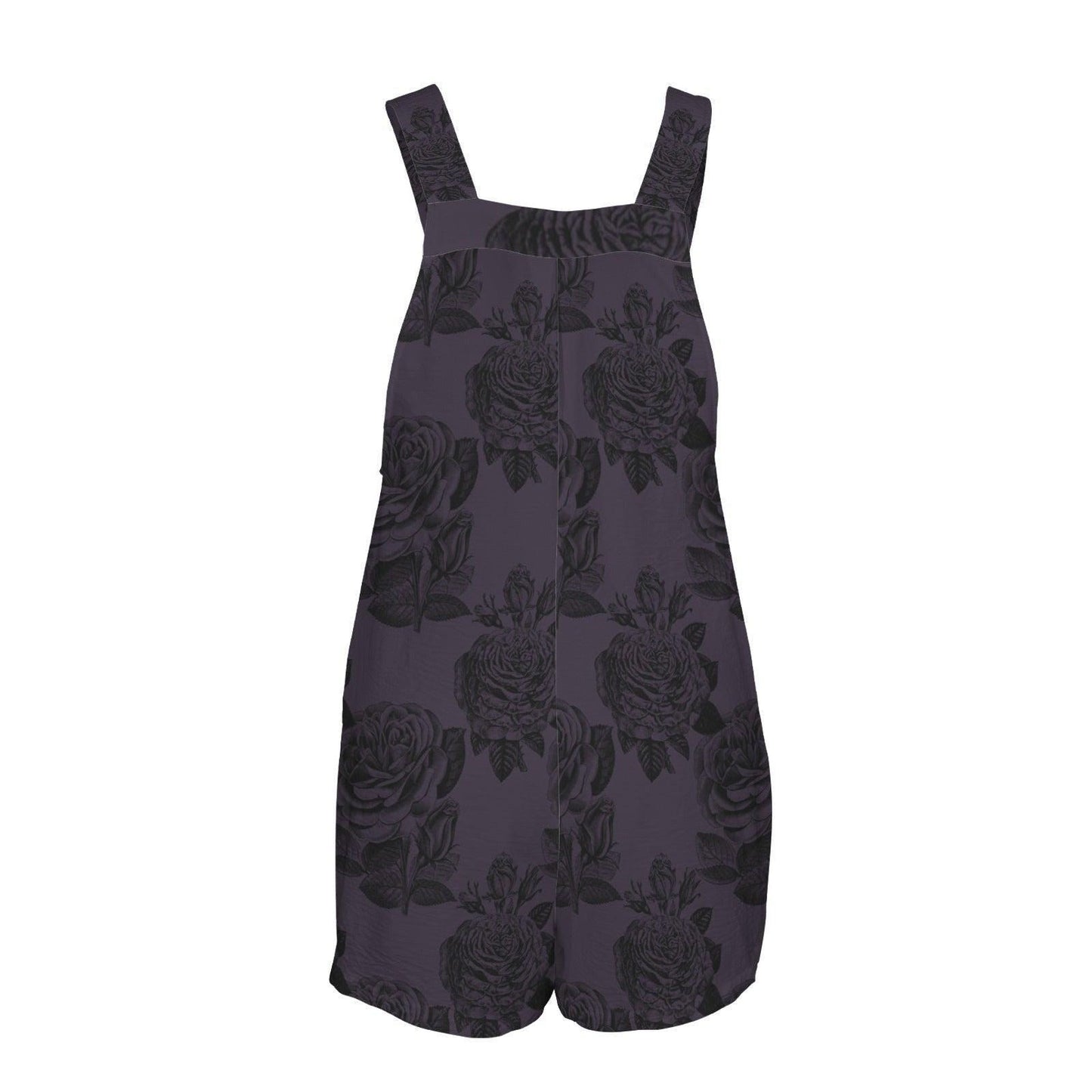 Dark Floral Overall Romper, Black Rose Shortalls, Button Strap Playsuit, Cottagecore Summer Romper