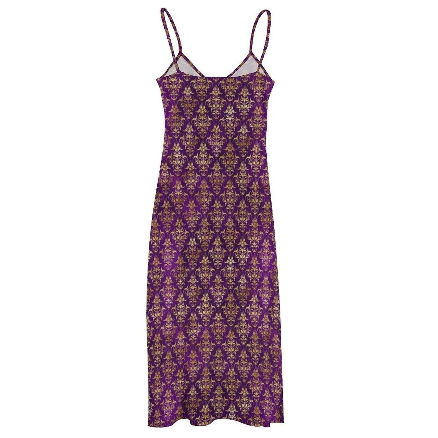 Purple Damask Maxi Dress, Royal Gold Baroque Print, Mardi Gras Festival Sundress
